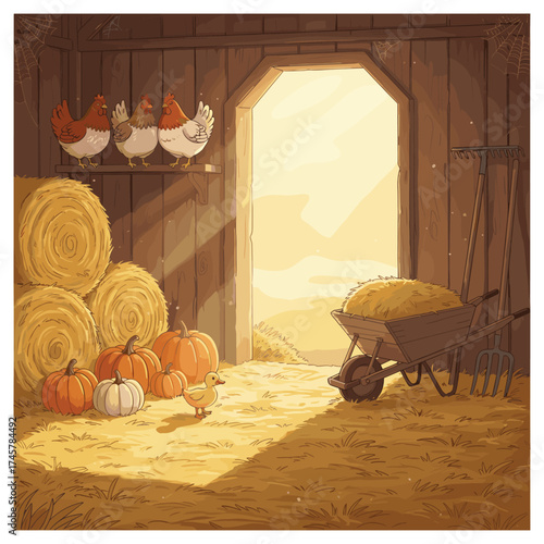 A farm barn housing chickens, straw, and hay, illustrated as a vector cartoon of an old wooden shed interior with hen nests, a haystack, a fork, garden tools, bags, and a pumpkin, serving as rural