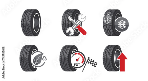 Automotive tire vector icons depicting key features such as vehicle maintenance, winter conditions, ecological responsibility, driving performance, and inflation