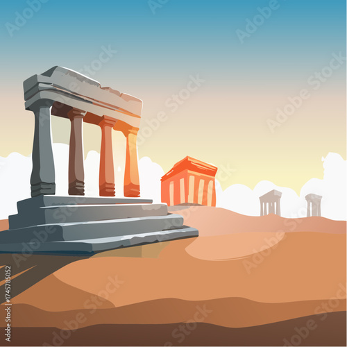 Ancient ruins landscape with sunset sky