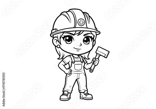 Vector art of cute female construction worker in overalls holding a hammer
