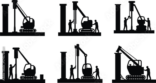Construction silhouette, pile driver machine, industrial workers, foundation work, heavy equipment, engineering process, site operation, black vector, infrastructure, machinery