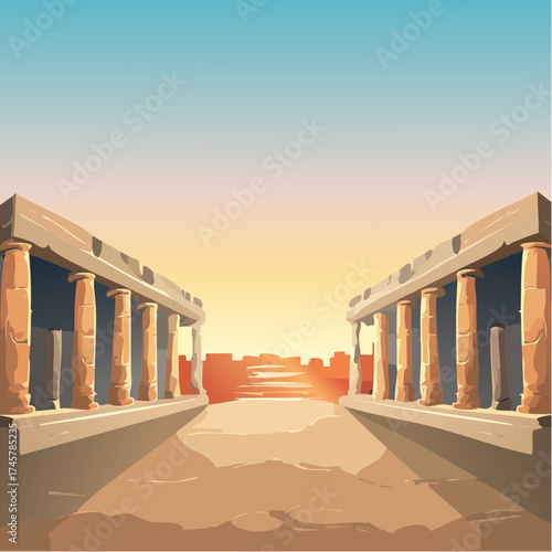 Ancient ruins pathway with sunset sky