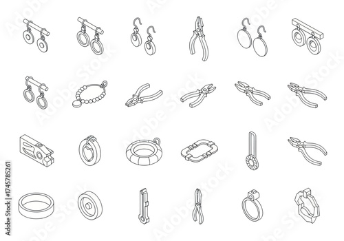 Vector art of isometric outline jewelry making tools for handmade accessories