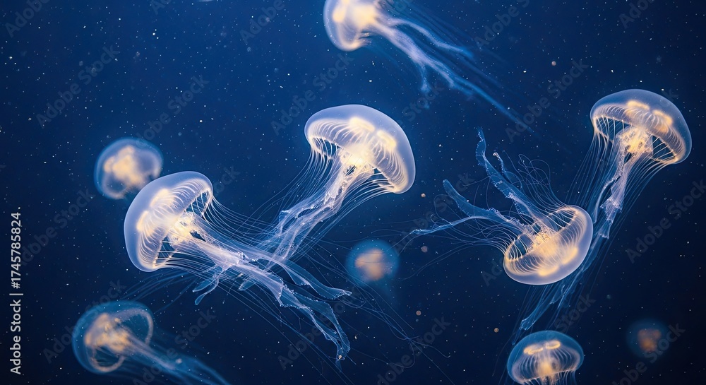Fototapeta premium Jellyfish swimming gracefully in deep blue ocean water