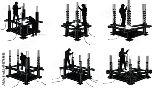 Construction worker welding steel rebar and structural beams, silhouette icons showing metalwork, reinforcement, building foundation, safety, hard hat