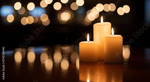 Three lit candles glowing softly in the dark with bokeh lights in the background