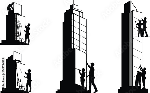 Construction workers installing large glass panels and facade elements on skyscraper, silhouette icons showing high-rise building cladding, safety, urban architecture