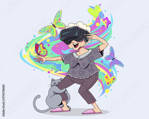 A happy granny is a modern VR headset user.  Granny is watching the virtual world. Cartoon illustration. Vector illustration.