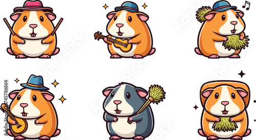 Cartoon guinea pigs, musical animals, dancing pets, pom-poms, ukulele, drumsticks, performance, rhythm, cheer, cute characters, expressive poses