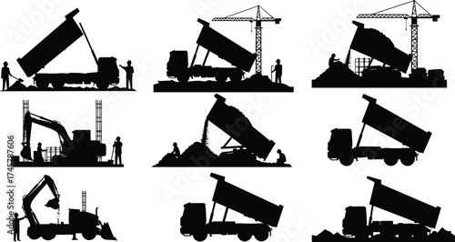Dump trucks unloading soil, construction site heavy machinery, silhouette workers, excavation process, industrial vehicles, crane, digging equipment, earthmoving operations
