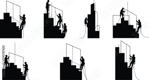 Construction workers installing stair railings and handrails on building steps, silhouette icons showing safety, structural work, hard hat, site labor
