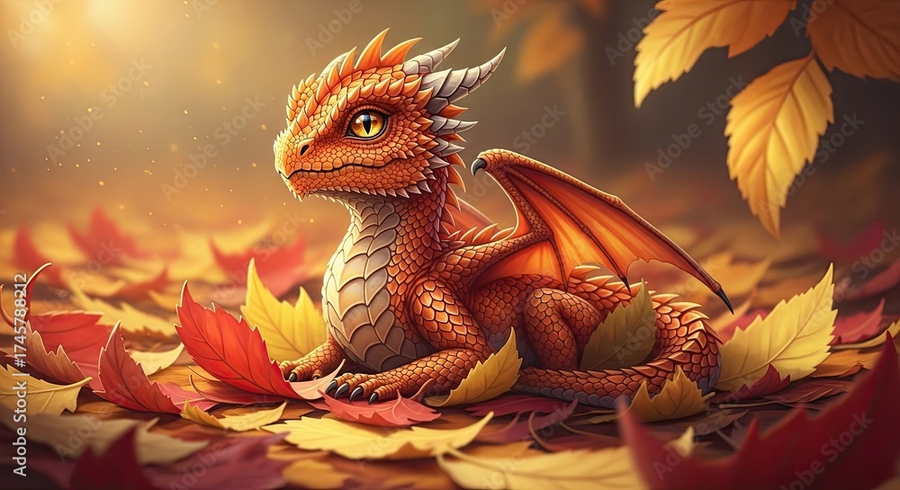 Obraz premium Adorable Baby Dragon Resting Amongst Autumn Leaves