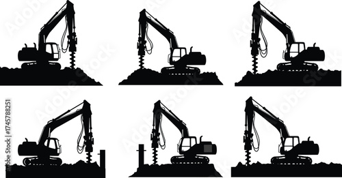 Excavator drilling, auger attachment, construction machinery, post installation, ground work, silhouette sequence, heavy equipment, civil engineering, industrial process, workflow steps