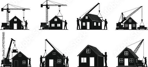 House construction silhouette, crane lifting panels, workers assembling structure, prefabricated building process, black illustration, roof installation, foundation setup, modern construction