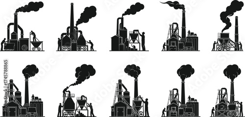 Industrial machinery silhouette, factory workers, steam engines, smokestacks, mechanical components, black illustration, manufacturing process, historical industry, gear system, labor scene