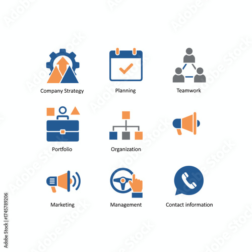 A collection of minimalist line icons tailored for business, depicting company strategy, planning, teamwork, portfolio, organization, management, marketing, and contact information