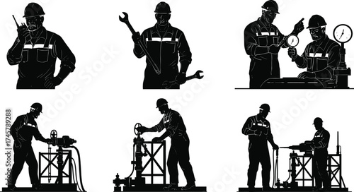 Industrial workers silhouette, safety gear, teamwork, factory labor, engineering tasks, maintenance crew, inspection process, valve operation, wrench handling, technical collaboration, helmet, vest