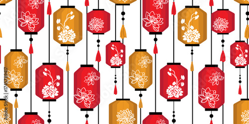 oriental paper lamps with lotus and peony flowers repeated textile design endless background tiling wallpaper texture
