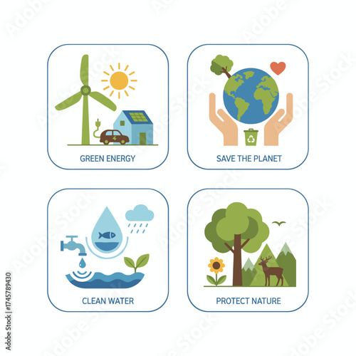Flat design vector illustration concepts focused on green energy, protecting the planet, water, and nature, suitable for web banners and printed materials