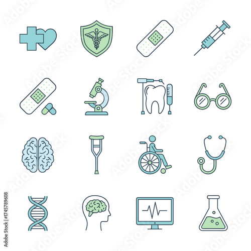 Set of modern thin‑line flat icons depicting medical supplies, healthcare diagnostics and treatments, laboratory tests, dental services, equipment, and products—an outline icon collection for web