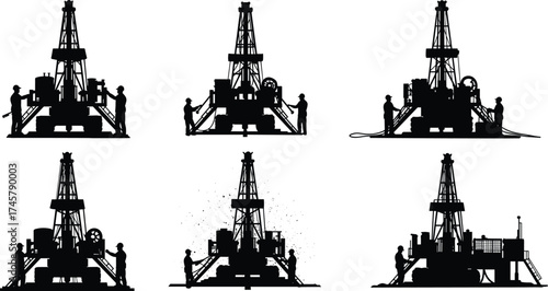 Oil drilling rig operation with workers, silhouette icons showing extraction process, energy industry, petroleum, gas, well site, machinery, safety