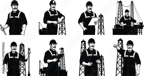 Oil rig workers, industrial illustration, safety gear, black and white vector, petroleum industry, drilling equipment, engineering, machinery, job site, workforce
