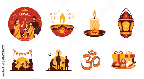 A collection of traditional icons representing the Hindu festival of lights celebration, featuring diya lamps, family puja, and sacred symbols