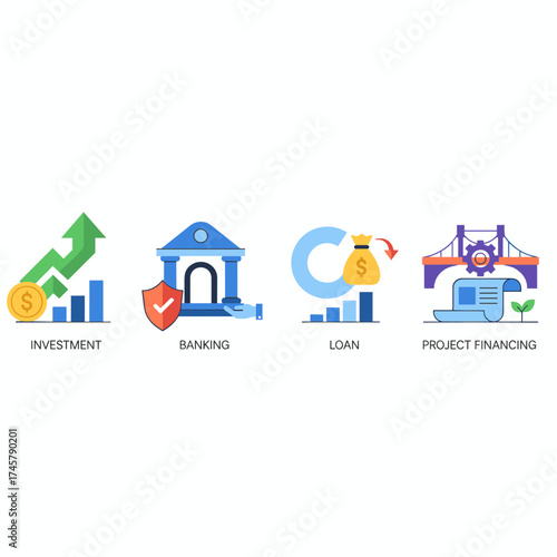 A vector illustration depicting investment, banking, loans, and project financing, designed as a creative concept for web banners, social media banners, business presentations, and marketing