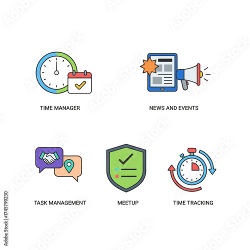 A set of Material Design icons for time management, news and events, meetups, task management, and time tracking, plus a UI/UX kit for web design, applications, mobile interfaces, infographics, and