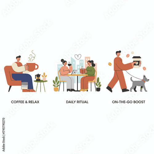 Coffee time posters featuring vector illustrations of people enjoying free time, sipping coffee, and living their daily routine, perfect for social media banners, marketing materials, and ads for