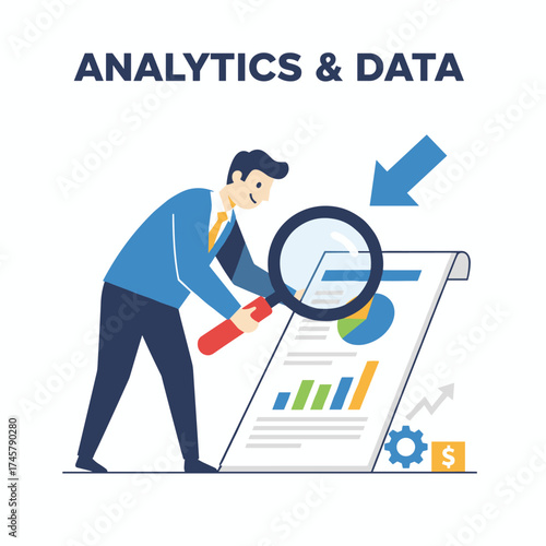 Using a magnifying glass, a businessman reviews a report on business analytics and statistics