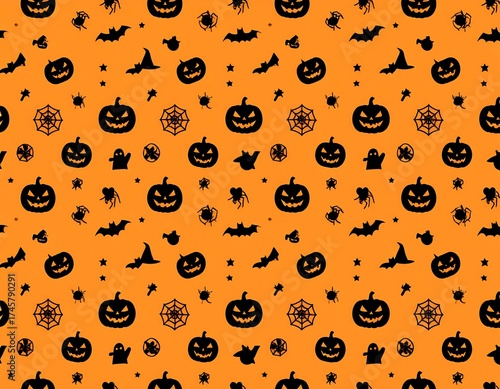 Halloween pattern of pumpkins, bats, spiders, and webs on an orange background