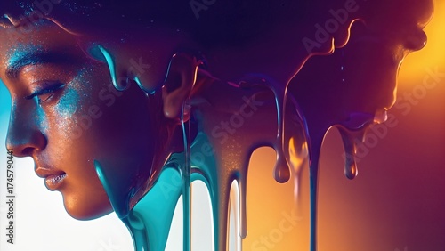 Melting Female Face In Neon Liquid. Artistic Expression. Surreal Color Flow. Conceptual Fantasy Visual