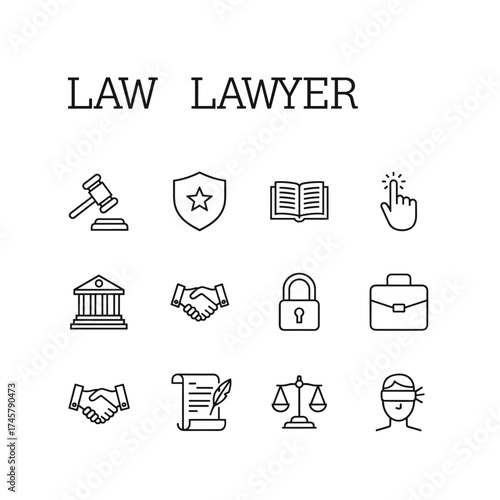 Contemporary minimalist line icons depicting legal and attorney services, a high‑quality outline symbol set for web, mobile, and graphic design, featuring monoline pictograms, infographics, and web