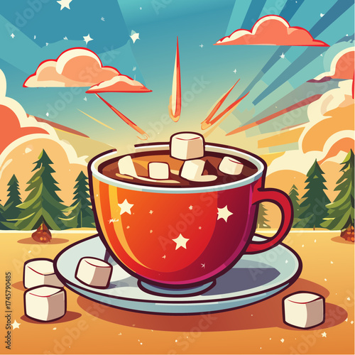 Hot cocoa with marshmallows and winter landscape