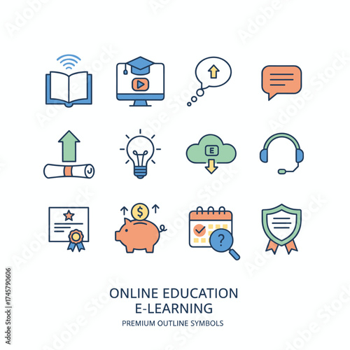A collection of sleek, thin‑line icons depicting online education and e‑learning, featuring premium outline symbols for web, graphic design, and mobile apps, along with mono‑linear pictograms