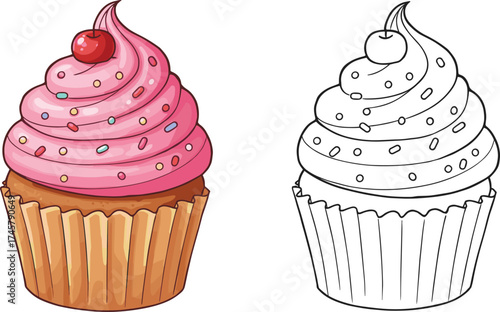 Wallpaper Mural Delicious Pink Iced Cupcake with Sprinkles and Cherry on Top, Full Color and Line Art Drawing, Sweet Dessert Vector Illustration

 Torontodigital.ca