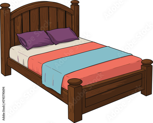 Wallpaper Mural Cozy Dark Brown Wooden Bed Frame with Colorful Bedding and Purple Pillows, Bedroom Furniture for Relaxation and Comfort, Home Decor

 Torontodigital.ca
