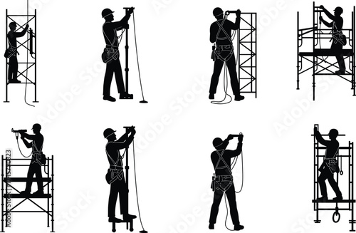 Scaffolding workers, silhouette illustration, construction site, safety gear, industrial labor, climbing, harness, helmet, teamwork, black vector, engineering, tools