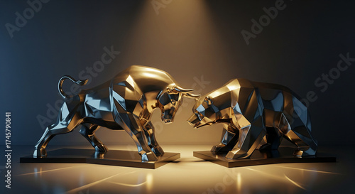 Metallic Bull and Bear Statues in Minimalist Golden Studio