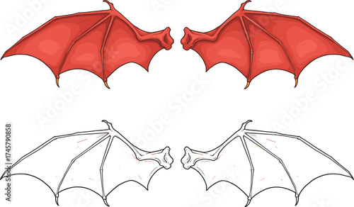 Detailed vector illustration of a mirrored pair of red devil or dragon bat wings with claws, representing evil, hell, fantasy, halloween, isolated

