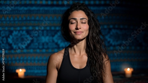 Woman Meditating with Eyes Closed against Blue Moroccan Tile Wall