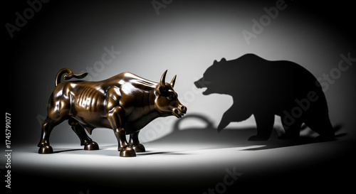 Bronze Bull Facing Dark Bear in Elegant Studio Lighting