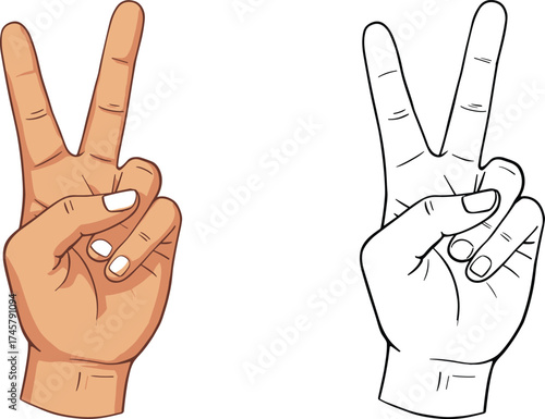  Detailed vector illustration of a hand making the peace sign or victory sign with two fingers up, symbol for success, protest, isolated, gesture

