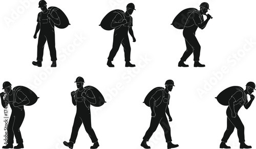 Silhouette workers carrying heavy bags, laborers in motion, construction industry, teamwork, strength, hard work concept, industrial workforce illustration, vector design