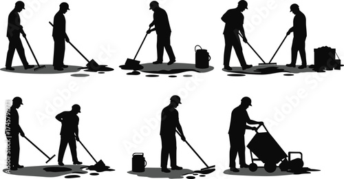 Road construction workers, silhouette illustration, manual labor, pavement maintenance, asphalt tools, industrial workforce, vector icons, infrastructure, equipment, black figures