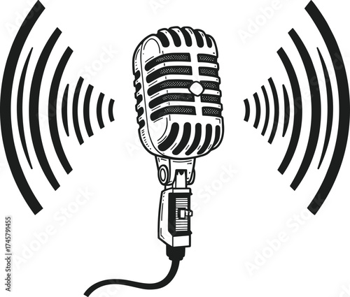 WebVintage microphone with sound waves, podcast mic illustration, radio broadcast symbol, audio recording icon, music and communication vector