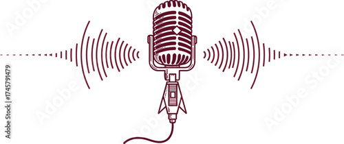 Vintage microphone with symmetrical sound waves, podcast mic illustration, audio broadcast design, radio communication vector, voice and music icon