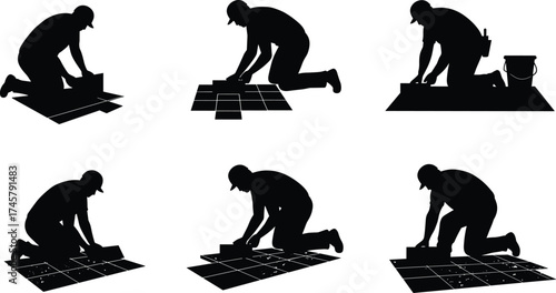 Worker laying floor tiles, silhouette icons showing tiling process, ceramic tile installation, home renovation, construction, flooring, hard work, precision