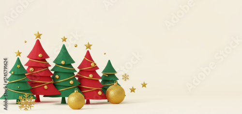 Minimalist 3D render of stylized red and green Christmas trees with gold ornaments, stars, and snowflakes. 